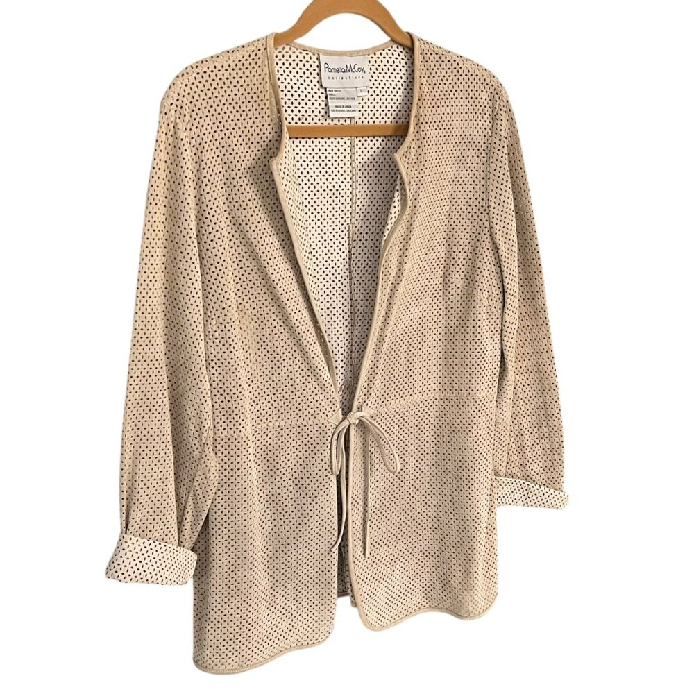 Pamela McCoy Tan Genuine Leather Perforated Jacket With Tie Front Womens M